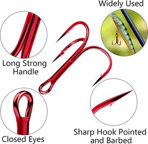 Kit de anzuelos triples rojos de 100 Uds., anzuelos de pesca triples de curva redonda circular, anillos divididos dobles de acero inoxidable, aparejos de pesca surtidos - Product Image 2