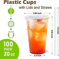 100 Gobelets en plastique jetables de 16 oz avec couvercles plats anti-fuite et pailles transparentes robustes pour café glacé, jus, bars, plats à emporter, bureau