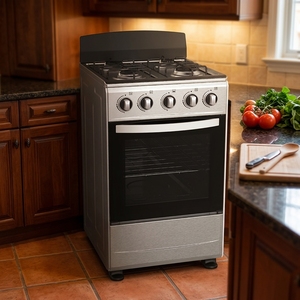 Kompor <span class=keywords><strong>Gas</strong></span> Berdiri Bebas Warna Perak Hitam dengan Oven, Bahan Stainless Steel, untuk Dapur Rumah Tangga - Product Image 1