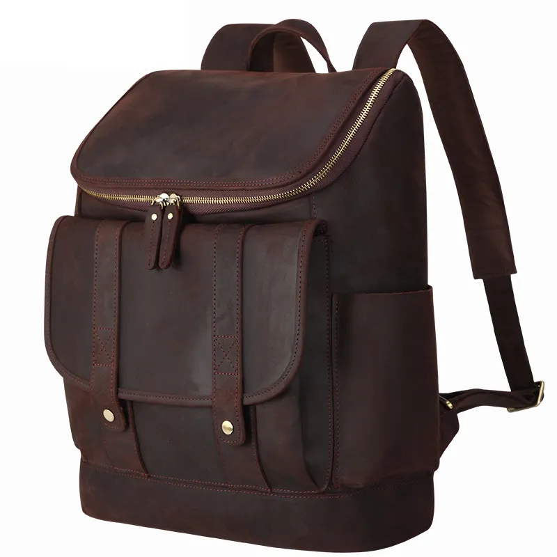 Dropshipping Dark Brown Retro Genuine Cow Leather Backpack Vintage Men Leisure Leather Travel Day Knapsack