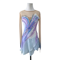 Robe de patinage et de danse pour enfants et adultes, dégradé bleu-violet, maille nude, manches longues, dos ondulé orné de strass, pour spectacle et compétition de patinage artistique