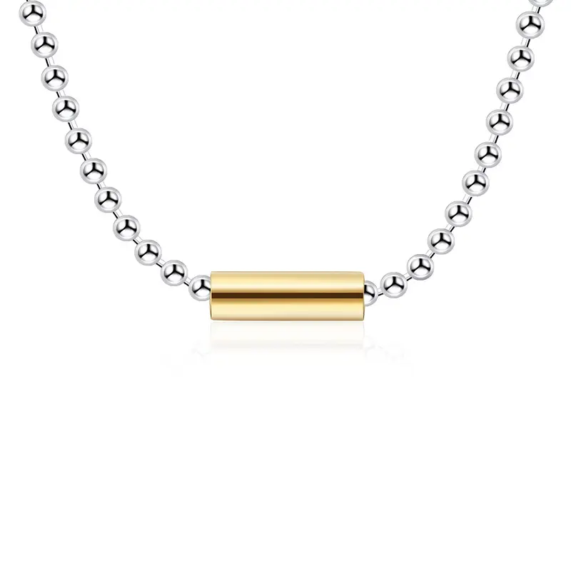 VIANRLA Gold Cylinder Necklace Ball Chain Necklace 925 Sterling Silver Bead Chain Necklace