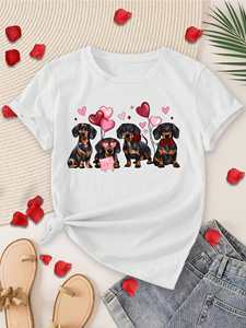 Camiseta de manga corta con estampado de Dachshund para mujer, cuello redondo, informal, a la moda, para primavera y verano, 100% algodón, para el día de San Valentín - Product Image 3