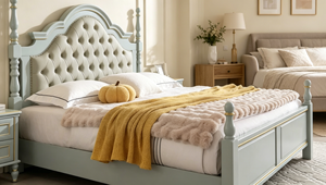 Cama elegante con poste de madera maciza, cabecera tapizada en azul claro con botones, cama con plataforma para dormitorio principal, muebles para el hogar - Product Image 4