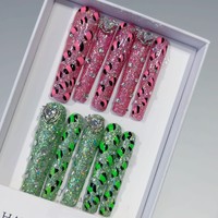 Tacana 10 faux ongles à presser 5.0, style français, avec tube d'eau, paillettes, strass en forme de cœur, faits à la main, couverture complète