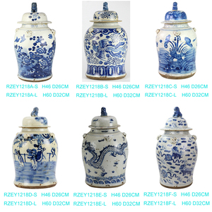 Vase de sol en céramique bleu et blanc peint à la main, style antique traditionnel, série RZEY12, avec bouton en forme de lion - Product Image 6