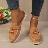 Mules à talon compensé sans talon pour femmes avec décorations en perles de bois, chaussures décontractées confortables à enfiler