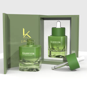 Flacon de sérum de luxe vide de 30 ml avec boîte, personnalisable, en verre givré vert, flacon compte-gouttes pour soins de la peau - Product Image 1