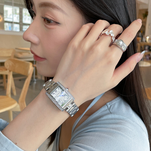 CILOA Women's Silver <b>Rectangular</b> <b>Watch</b> Diamond Bezel Roman Numeral Dial Luxury Casual Quartz Wristwatch - Product Image 5
