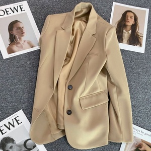 Blazer tissé uni kaki pour femme, style haut de gamme 2023, décontracté <span class=keywords><strong>et</strong></span> élégant, veste tendance en <span class=keywords><strong>laine</strong></span>/<span class=keywords><strong>soie</strong></span> - Product Image 1