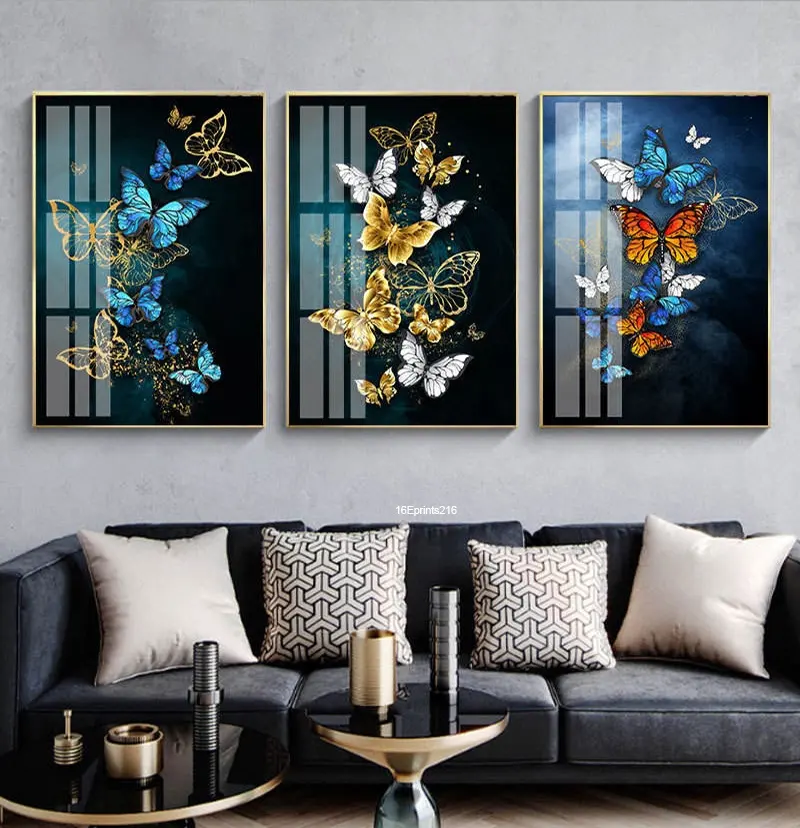 Modern Gold Blue Butterfly Leaves acrylic glass UV Printing Metal Framed Resin Paintings Animal Wall Art For Home Decoration