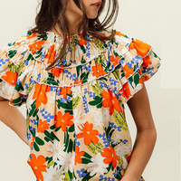 Boho Chic col roulé Bloom imprimé hauts fleur graphique manches superposées Blouse motif fleuri Smock bouton dos chemise à manches volantées