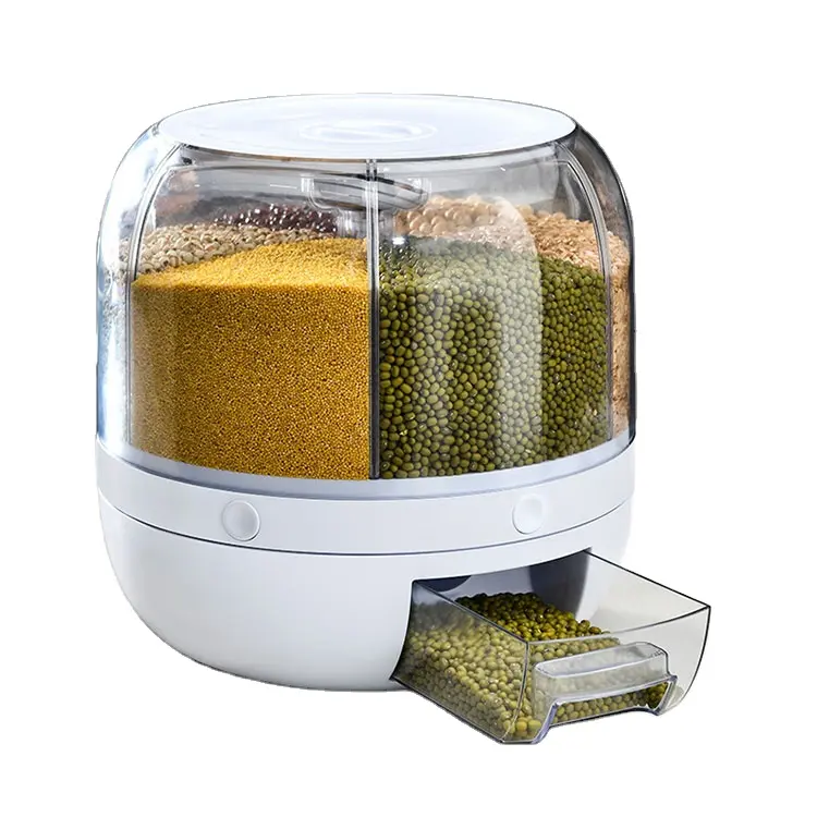 Arroz Recipiente Armazenamento 6-Grid Rotating Food Dispenser à prova de umidade e arroz selado à prova de poeira para cozinha