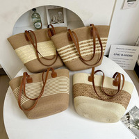 Grand sac fourre-tout en polyester à rayures pour l'été, sac à main en paille pour femme, sac à bandoulière en paille avec poignée, poignée en PU écologique