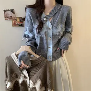 Giacche di moda maglieria con nappe <span class=keywords><strong>Cardigan</strong></span> maglione da <span class=keywords><strong>donna</strong></span> traforato <span class=keywords><strong>blu</strong></span> e grigiastro con bottone a bottone - Product Image 2