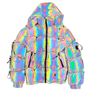 Custom Winter Wear rainbow Iridescent Reflective Zip up Puffer <b>Jacket</b> With Removable Hood Oversize Bubble Down <b>Jacket</b> <b>Men</b> - Product Image 2