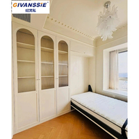 Lit mural horizontal Murphy en bois massif beige crème avec portes encastrées cintrées, meuble de toilette latéral avec portes, design moderne, ignifuge