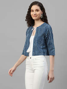 Shrug en coton à rayures indigo pour femme, à nouer, devant ouvert, manches mi-longues, coupe courte, coupe décontractée, style western, pièce unique, décontracté - Product Image 3