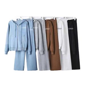 Ensemble de 2 sweats à capuche pour femmes, pull en tricot à manches longues, cardigan zippé, pantalon ample avec poches, ensemble de sport pour femme, logo OEM ODM, couleur - Product Image 1