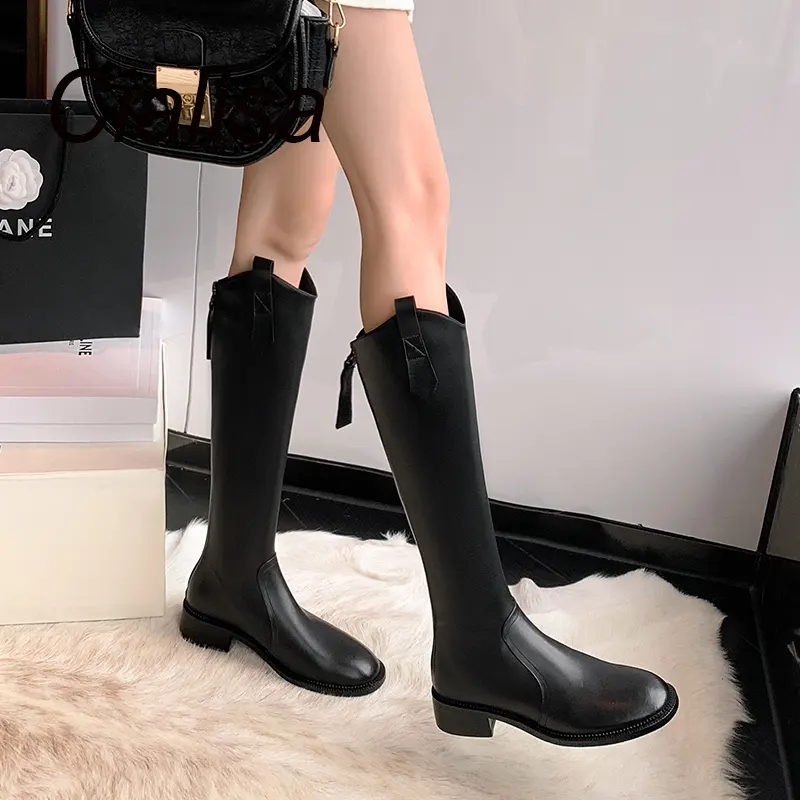 Cialisa Genuine Leather Wholesale Shoes Long Tall Boot Autumn Winter Black Knee High Boots Grey Flats For Women