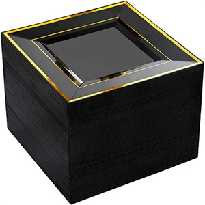 Assiettes à salade carrées jetables en plastique à bord doré non toxique robuste pour fêtes et mariages - Product Image 2