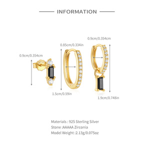 ROXI 3 Piece Set 925 Sterling <b>Silver</b> Black Inlaid Zircon Hip Hop Classic <b>Hoop</b> <b>Earrings</b> Set - Product Image 2