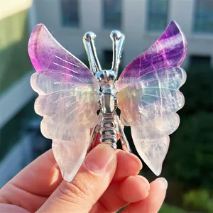 Popular Natural Product Crystal Crafts Handmade Silver Metal Carved Rainbow Fluorite Butterfly For Gift Decoration