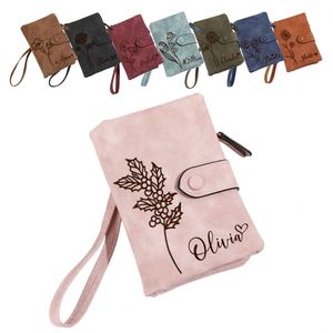 Custom Engraved Name Classic <b>Wallet</b> Birth Flower Personalized PU Leather <b>Wristlet</b> Strap Purse Card Holder Wedding Favors Gift - Product Image 1