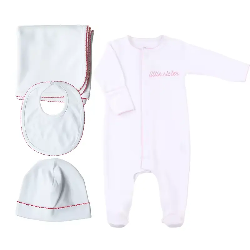 Schlussverkauf Stickerei 100 % gekämmte Baumwolle Säugling Baby-Strampler individuelle Picot-Schnitt lange Ärmel Füße Pyjamas Hut-Decke-Set