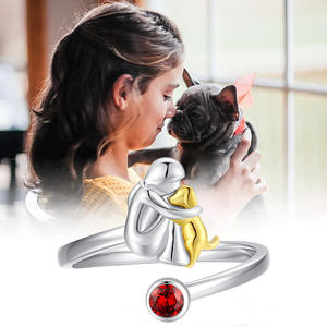 Anillo Abierto de Plata de Ley 925 con Circonita Roja Redonda, Diseño de Perro y Niña, para Amantes de Mascotas - Product Image 5