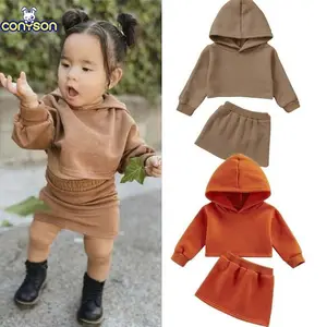 Bộ Quần Áo Thời Trang Cho Bé Gái 1-5T Áo Hoodie Màu Trơn Cho Trẻ Em Áo Chui Đầu Dài Tay Chân Váy Chữ A Cho Bé Gái Bộ 2 Chiếc