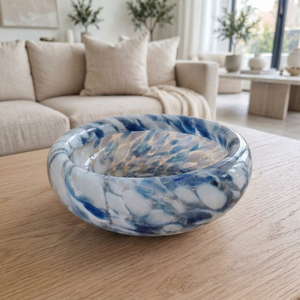 <b>Glass</b> <b>Marble</b> Look Contemporary Salad Serving Bowl with Blue White Pattern Dishwasher Safe for Home Table Decor - Product Image 1