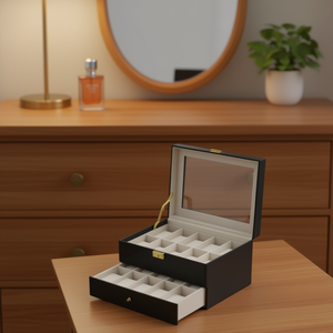 Scatola portaorologi in pelle nera, organizer per gioielli con 20 scomparti e cassetto, contenitore per uso domestico - Product Image 2