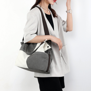 Canvas Shoulder <b>Tote</b> <b>Bag</b> Contrast Color Hobo Handbag Zipper Closure <b>Vintage</b> Women's Daily Travel <b>Bag</b> Two Straps Waterproof - Product Image 5
