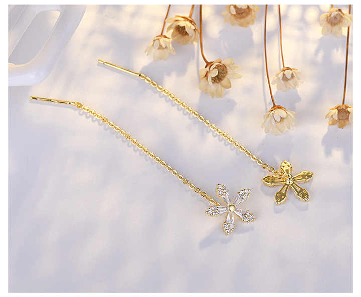Elegante accesorio de moda femenina 925 aguja de plata borla larga pendientes en forma de flor Zirconia cúbica encanto pendientes hechos a mano