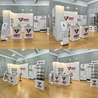 Stand d'exposition modulaire portable sur mesure 3*3m, présentoir à vêtements en tissu tendu imprimé, comptoir d'accueil et table de négociation