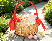 Panier en osier tressé à la main avec poignée en ruban rouge, capacité 3L, suspendable et empilable, design moderne pour Pâques, mariage, demoiselle d'honneur, maison