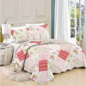 High quality Reactive printing green 3pcs quilt set cotton quilted patchwork printed bedspread