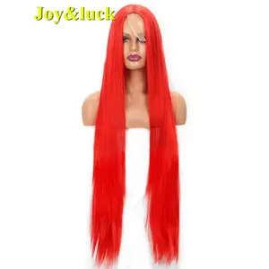 Yüksek kaliteli toptan fiyat ön dantel bayanlar peruk Cosplay 40 ''uzatın stil doğal düz kırmızı dantel ön sentetik peruk