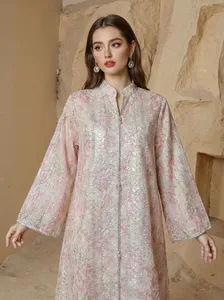 Floral Print Silk Abaya <b>Dress</b> With Stand Collar <b>Long</b> Sleeve Floor Length Modest Style <b>For</b> Women Daily Wear sequin stitching - Product Image 3