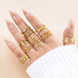 Mix Wholesale Ethnic Style Adjustable Stainless Steel Gold Ring Exotic Bohemian Leaf Snake Fashion Jewelry Long Rings For Women