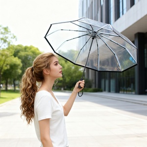 Transparent Bubble Three-Fold Iron <b>Frame</b> Glass Fiber Ribs Manual Opening Auto Close Folding Umbrella Sun Protection for Women - Product Image 1