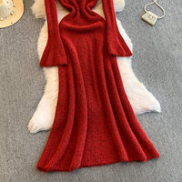 Robe décontractée élégante pour femmes, en dentelle, patchwork, épaules dénudées, manches longues évasées, coupe trapèze, tricotée, pour tous les jours