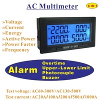 Output Alarm Batas Atas dan Bawah Tegangan AC60-300V, Voltmeter Digital LCD, Amperemeter, Pengukur Daya, Amp Hz 20A 100A 200 500A Split CT