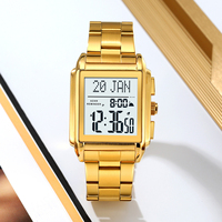 Jam Tangan SKMEI 2405 Terbaru, Jam Azan Muslim, Gaya Metal, Jam Digital Sport Pria, Mewah, Warna Emas