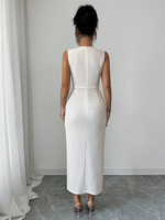Robe de soirée midi blanche en satin, sans manches, col en V, froncée, fendue, pour femme, modèle 2026, personnalisable en usine (ODM/OEM)