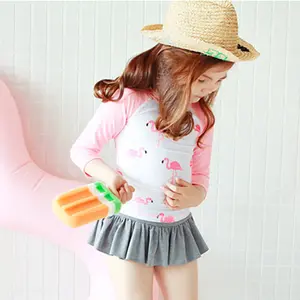 New girls swimsuit Junior Student children sunscreen long-sleeved swimwear girls split skirt flamingo print beach swimsuit