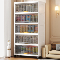 Armario de Almacenamiento de Plástico con Puerta Abatible de 55 cm, Organizador Transparente Plegable con Ruedas para Libros y Artículos Diversos