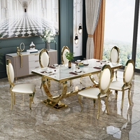 Ensemble de table à manger rectangulaire de luxe moderne style farmhouse Dubai Gold, 6 places, plateau en marbre, acier inoxydable, meubles de salle à manger