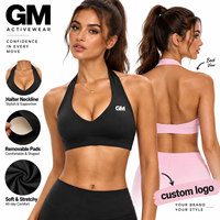 Haut de sport GM pour femme, dos nu, col halter, avec coussinets amovibles, respirant, extensible, pour yoga et fitness, avec logo personnalisé, soutien-gorge de sport à col en V